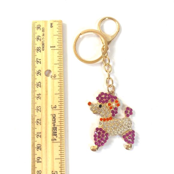 Poodle Rhinestone Charm Keychain Key Holder Purple Multi Gold Tone Metal New - Picture 8 of 10